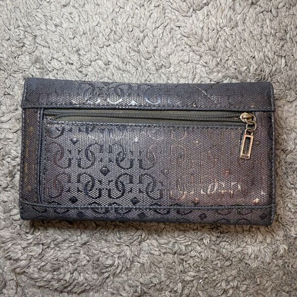 Guess Tri-Fold Faux Leather Wallet Charcoal Gray/Silver Monogram G‎ - Picture 2 of 16